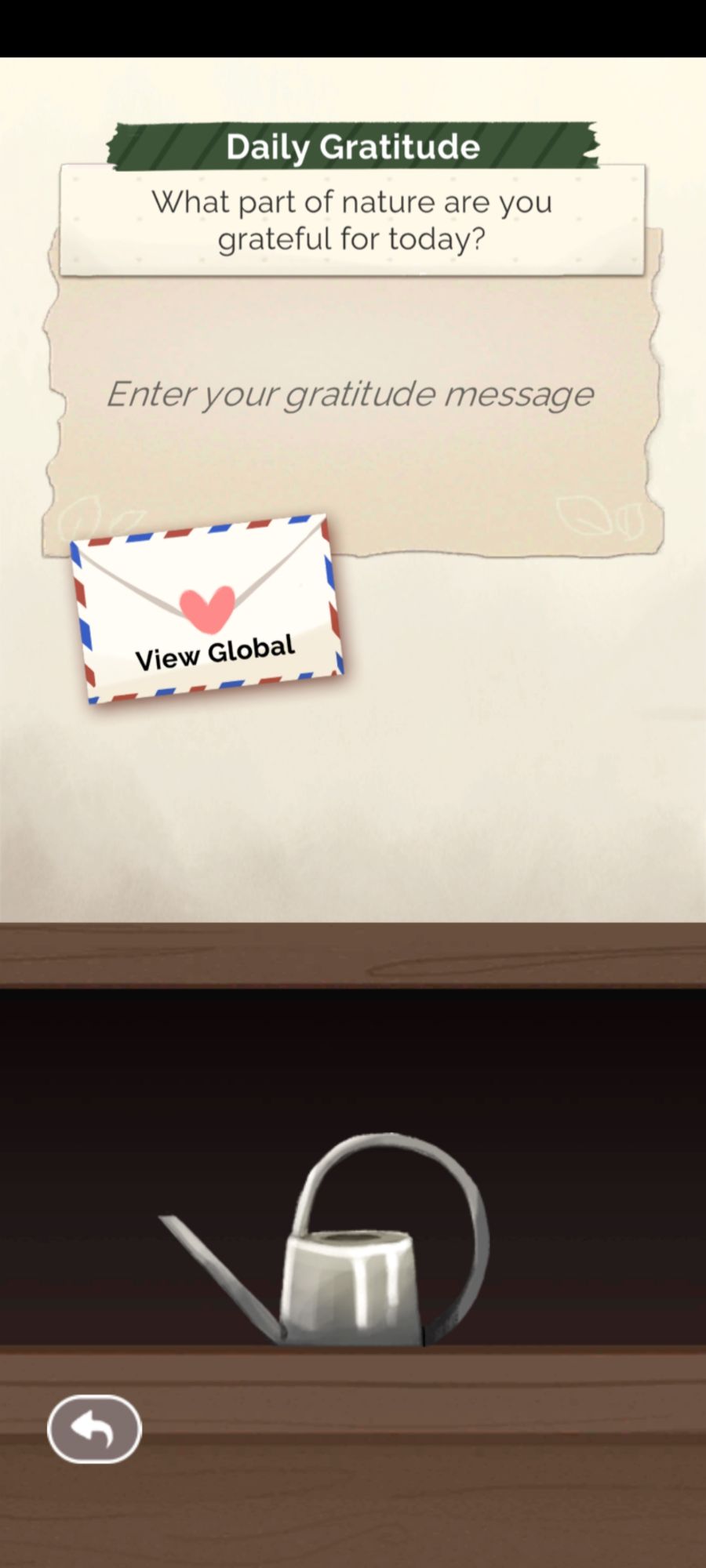 A screenshot from Kinder World of the daily gratitude task asking "what part of nature are you grateful for today?"