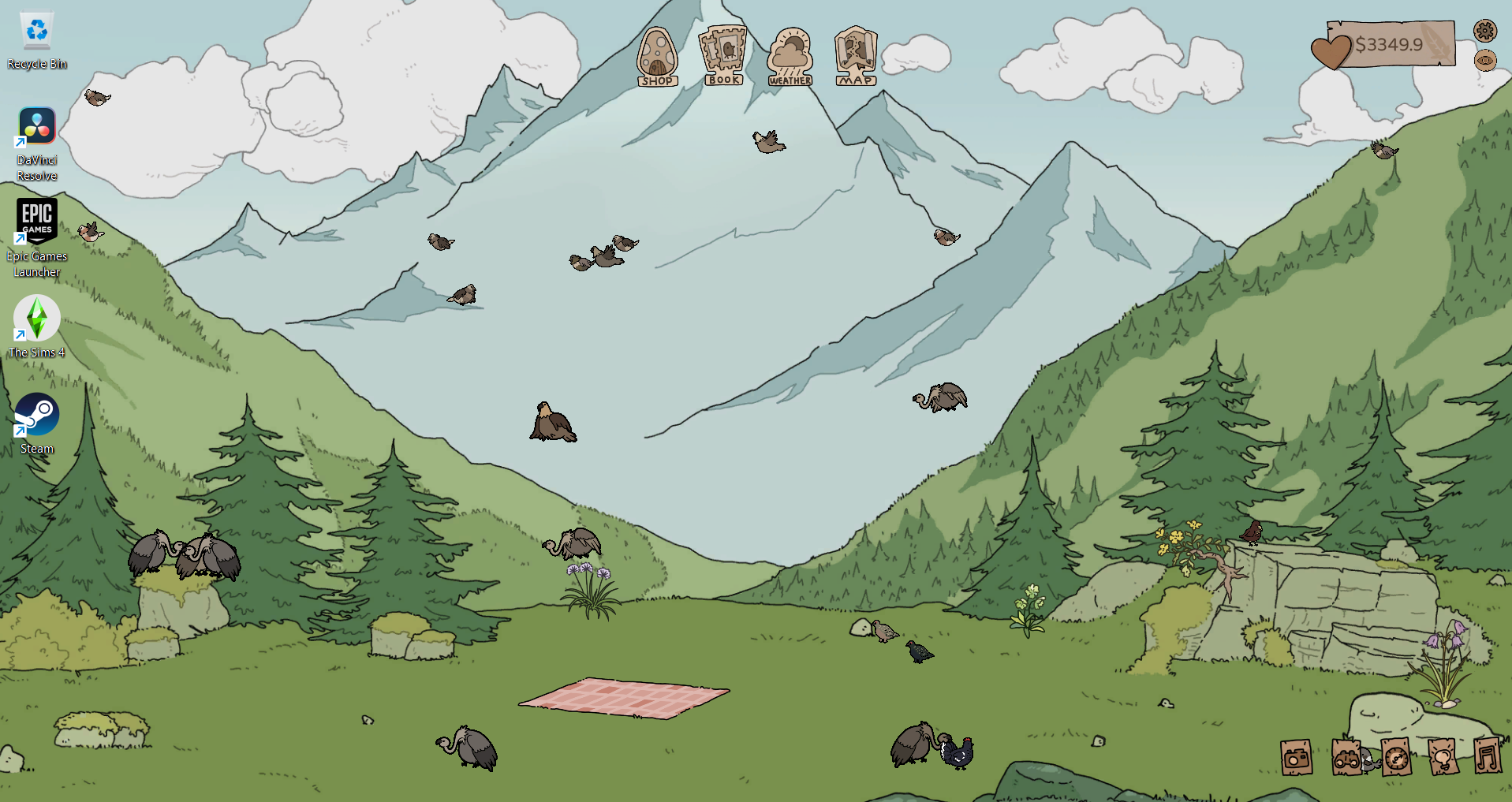 A screenshot of Feather Land with birds flying around and on the ground in the mountain biome.