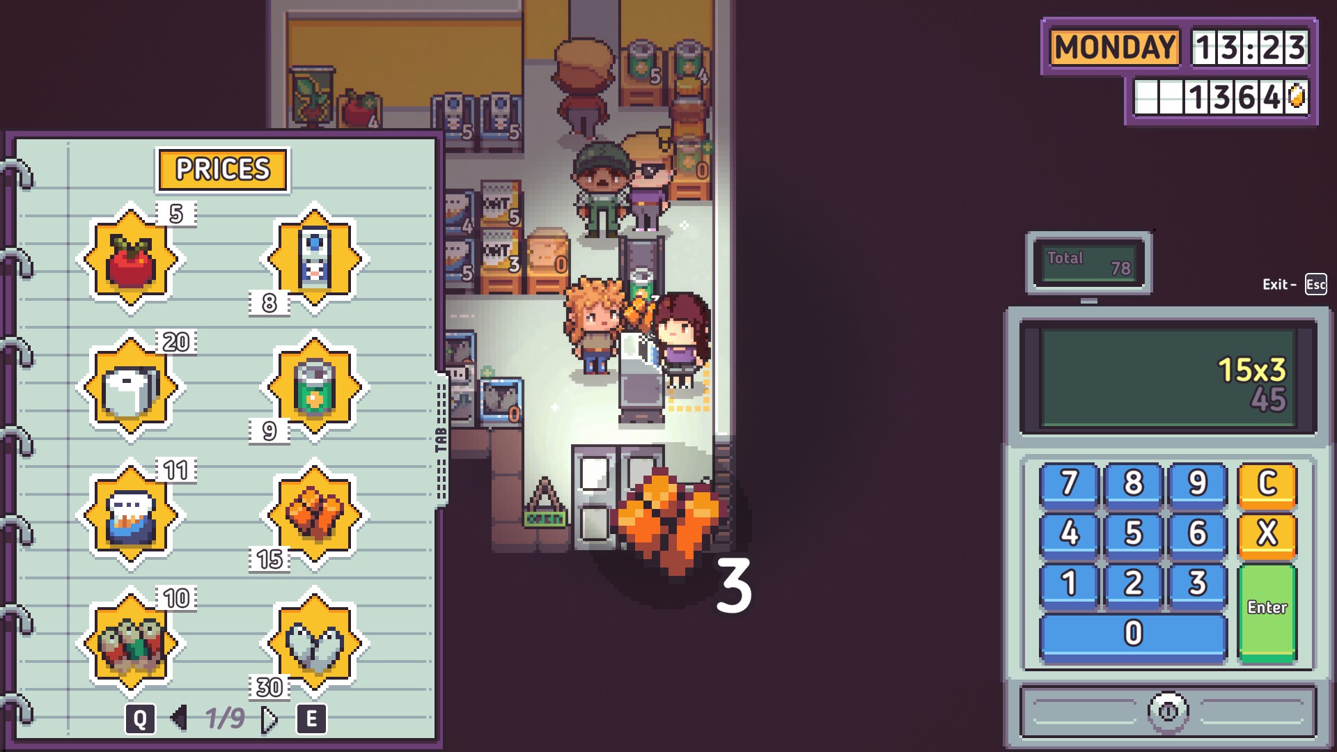 A screenshot of Discounty with my character working the cash register of the supermarket.