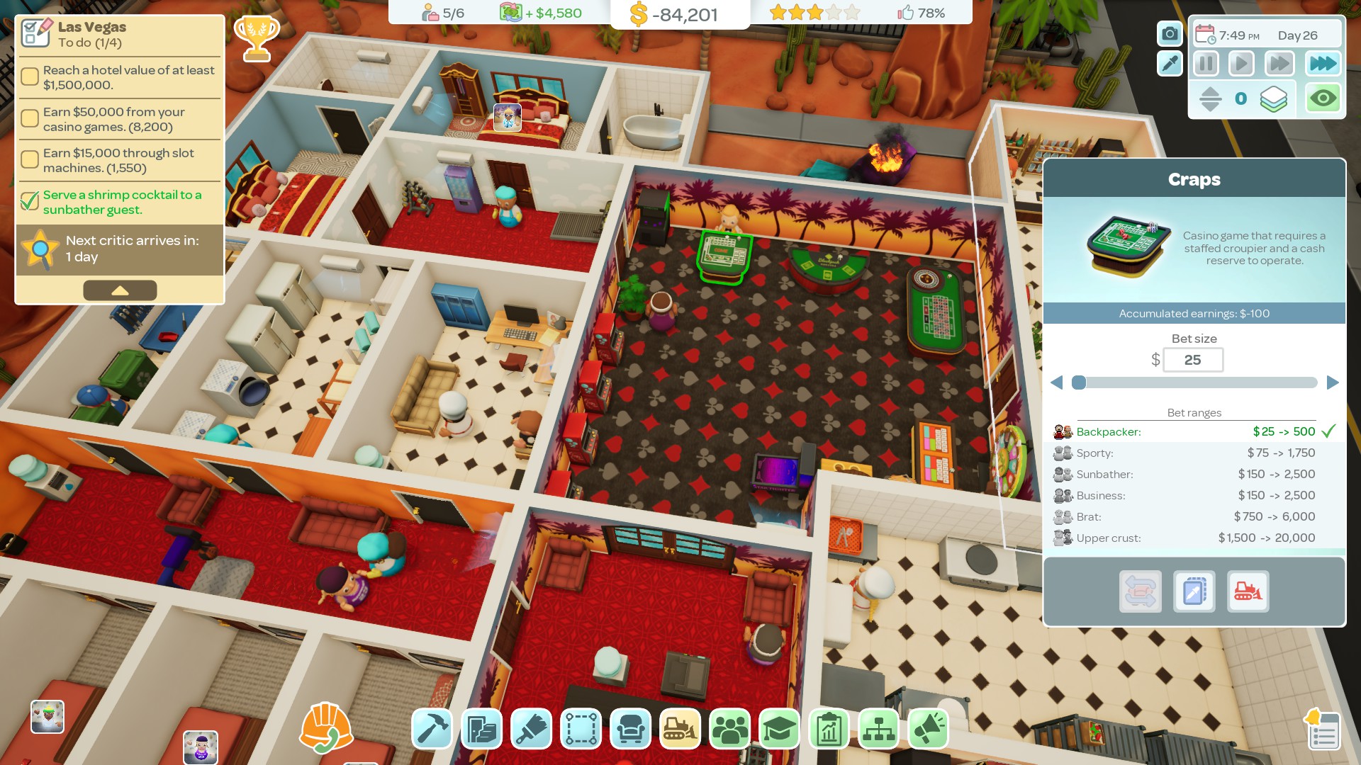 A screenshot of Hotel Architect of the Las Vegas scenario with a casino.
