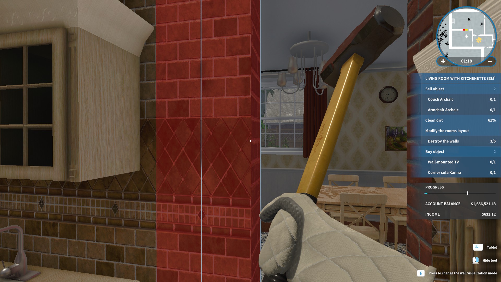 A screenshot of one of the jobs in House Flipper where a wall is being demolished between the kitchen and living room.