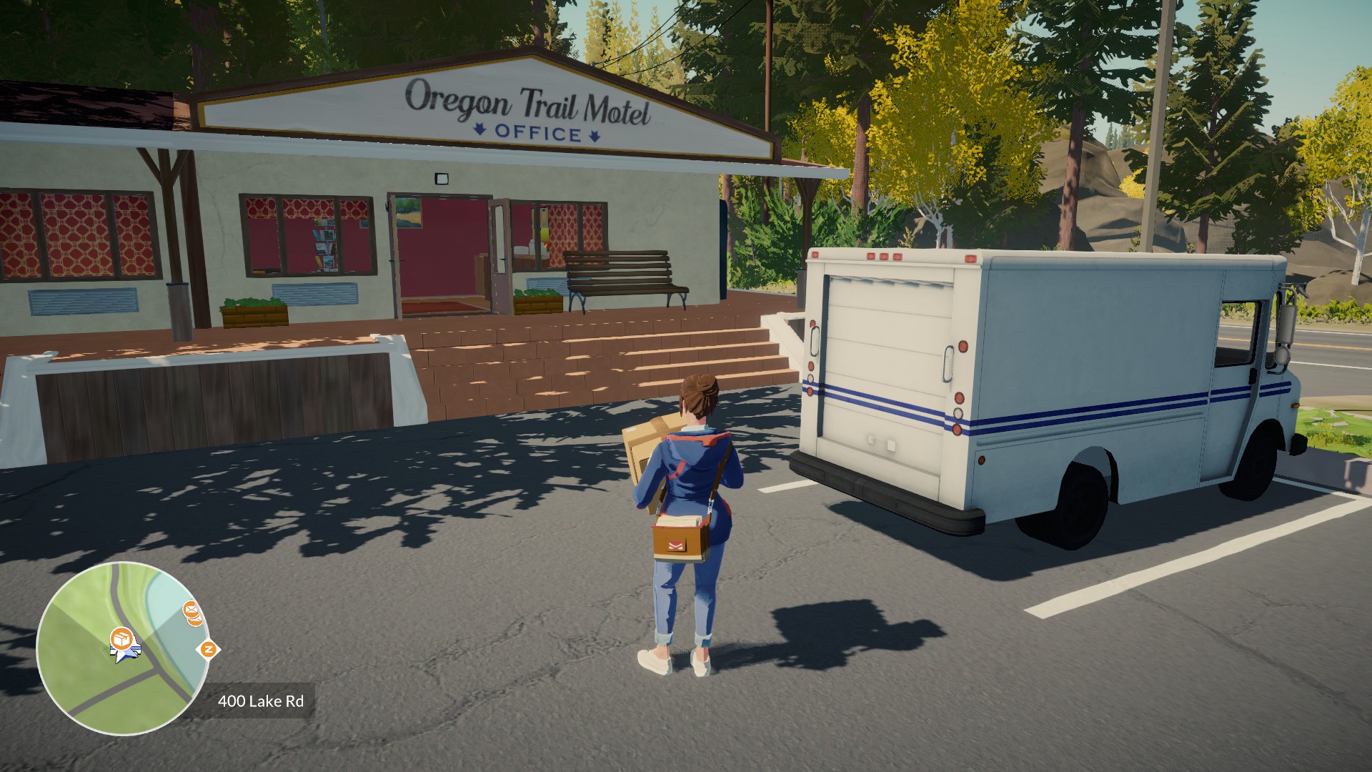 A screenshot of Lake where Meredith is holding a package by the mail truck that is being delivered to the Oregon Trail Motel office.