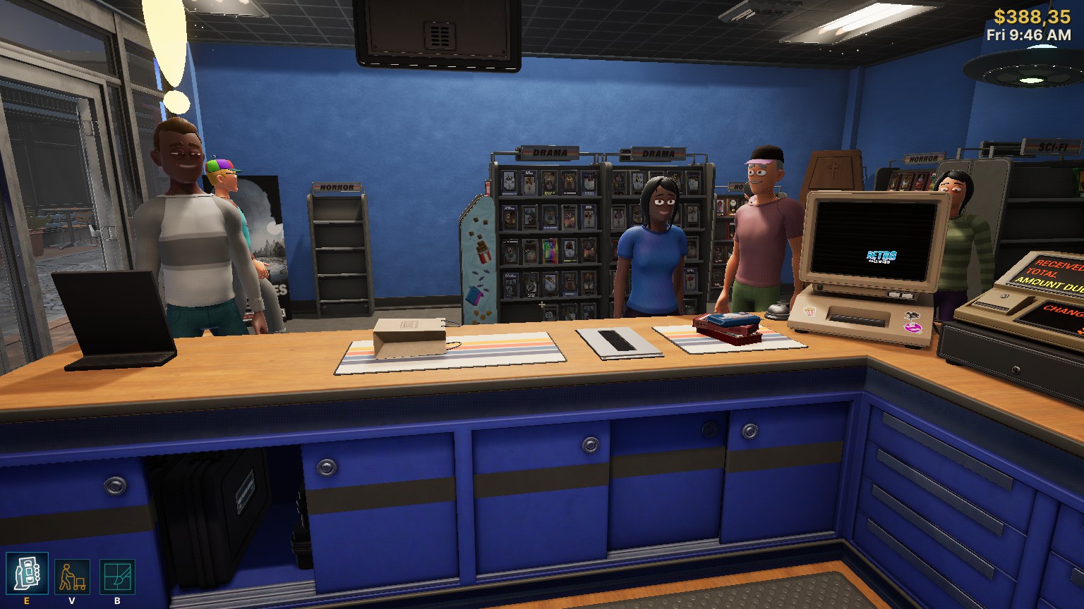 A screenshot of Retro Rewind with a customer waiting to be helped and other customers in line to be checked out.