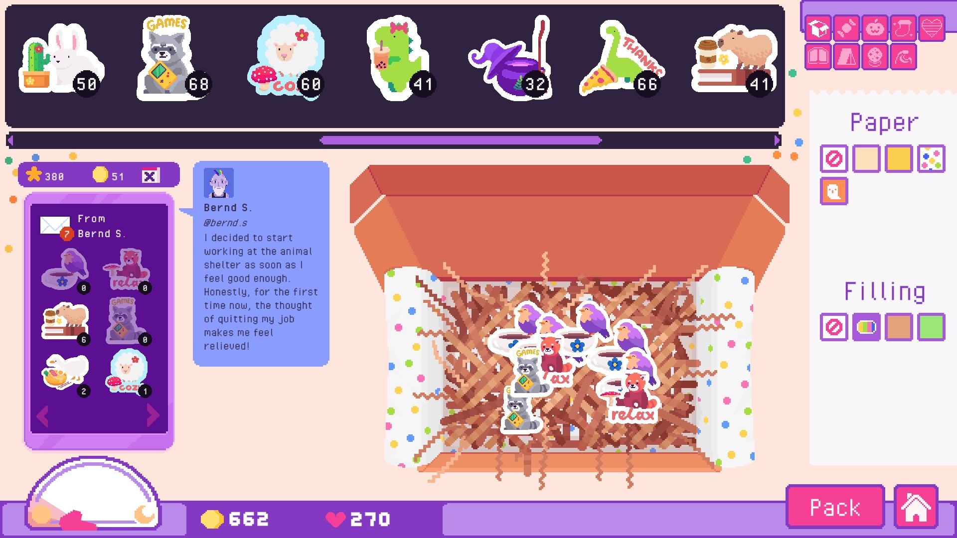 A screenshot of packing an order with stickers I made in Sticky Business.