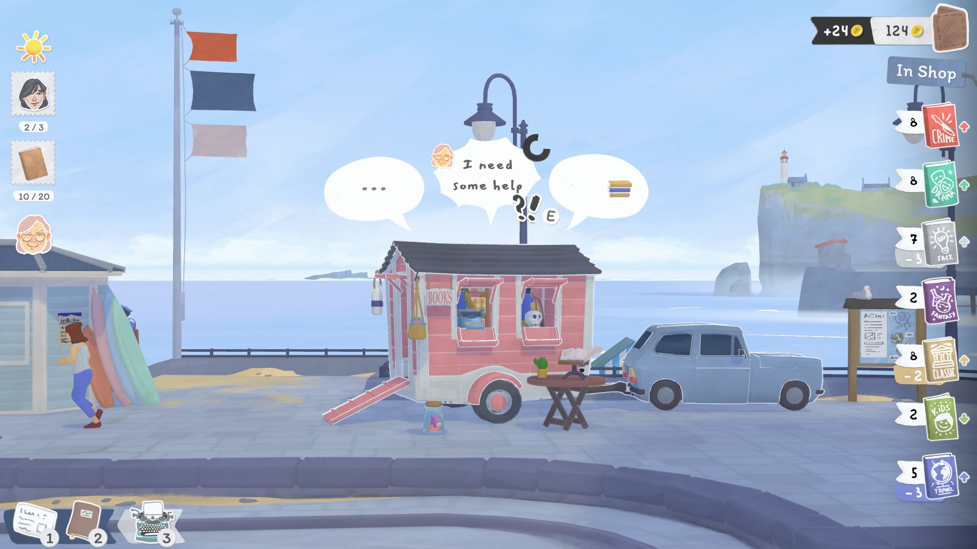 A screenshot of Tiny Bookshop of the bookshop at the harbor and customers looking for books and asking for help.
