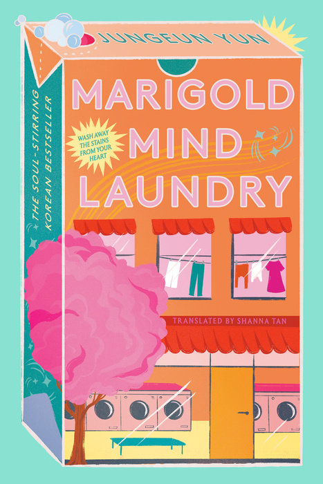 The cover of Marigold Mind Laundry with an illustration of the laundromat in the shape of a box of detergent.